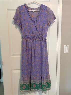 LC Lauren Conrad Lavender Floral Wrap-Style Midi Dress with Green Hem